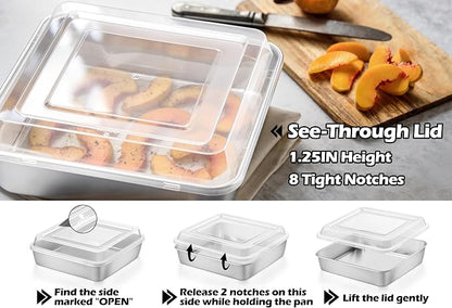Leonyo Stainless Steel 8x8 Baking Pan with Lids, 4 Set Metal 8IN x 8IN Square Cake Pans with Lids, Commercial Brownie Pans Baking Dish for Lemon Bars, Dishwasher Safe(Except for Plastic Lids)
