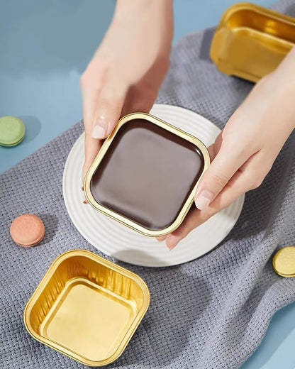 50 Pack 5oz Square Mini Cake Pans with Lids and Spoons,Aluminum Foil Baking Cups,Disposable Mini Loaf Pans Ramekins for Brownie, Cheesecake, Mousse & Wedding Party Favors-Black