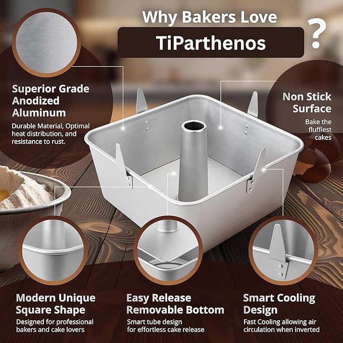 Square Tube Cake Pan, 18 Cup Recipes, 10 Inch Anodized Aluminum Angel Food, Chiffon & Pound Cake Pan, 2-piece system with Removable Bottom and Cooling Feet