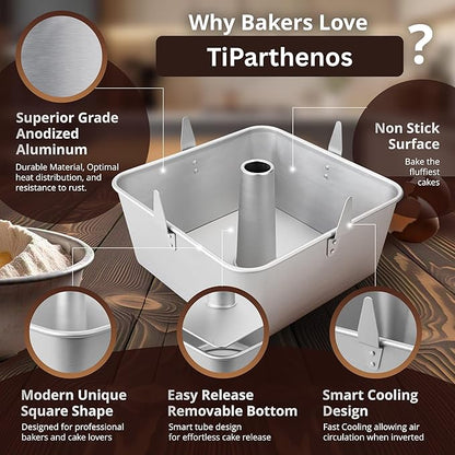 Square Tube Cake Pan, 18 Cup Recipes, 10 Inch Anodized Aluminum Angel Food, Chiffon & Pound Cake Pan, 2-piece system with Removable Bottom and Cooling Feet