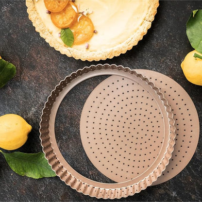 HAPPIELS 9in Tart Pan with Removable Bottom Nonstick, PFOA & BPA Free | Non Toxic Fluted Pie & Quiche Tin | Best Perforated Non Stick Nontoxic 9in Molds with Holes for Oven Baking