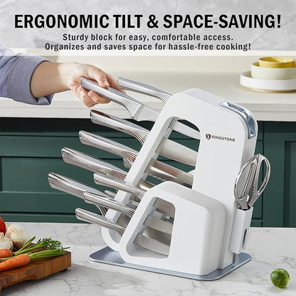 KINGSTONE Kitchen Knife Set with Block,14 Pcs German Stainless Steel Knife Set with Built-in Sharpener, Dishwasher Safe Knife Block Set (White, 14pcs)