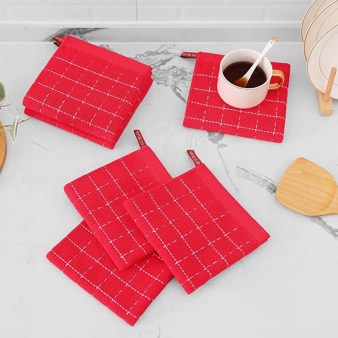 Mordimy 100% Cotton Terry Cloth Dish Cloths, Soft and Absorbent Checkered Dish Towels, Quick Drying Dish Rags for Washing Dishes, 8 Pack, 12 x 12 Inches, Red