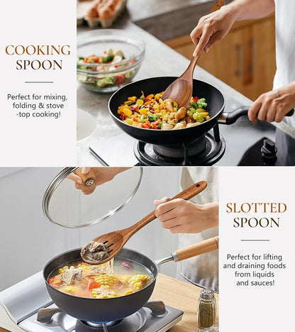 2Pcs Wooden Spoons for Cooking, Natural Premium Teak Wooden Spoon & Slotted Spoon, Good Grip Large Cooking Spoons Spatula, Heat Resistant Wooden Kitchen Cooking Utensils Set for Nonstick Cookware