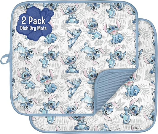 Disney Dish Drying Mats for Kitchen Counter (2 Pack) – 16" x 18" Absorbent Kitchen Drying Mats for Dishes – Fast-Drying, Machine Washable Dish Mats – Mickey & Minnie, Winnie the Pooh, & Stitch