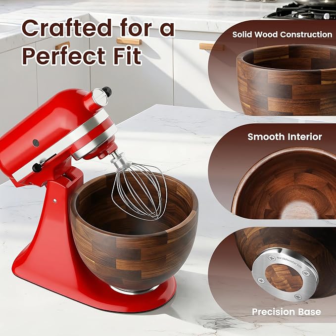 Solid Acacia Wood Mixing Bowl,Compatible with KitchenAid 4.5 & 5 Quart Tilt-Head Stand Mixers with Locking Steel Base, Warmer & Quieter Replacement Bowl for Baking & Dough, Kitchen Gift Idea