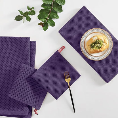 Homaxy 100% Cotton Kitchen Towels and Dishcloths Set, 12 x 12 Inches and 13 x 28 Inches, Set of 8 Bulk Kitchen Towels Set, Ultra Soft Absorbent Dish Cloths for Washing Dishes, Eggplant