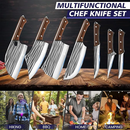 Dfito Butcher Knife Set with Roll Bag, 14 in 1 Professional Chef Knife Set, Hand Forged Bone Chopping Knives & Meat Cleaver Knife & Fillet Knives for Home & Camping & BBQ, Gifts for Men Women