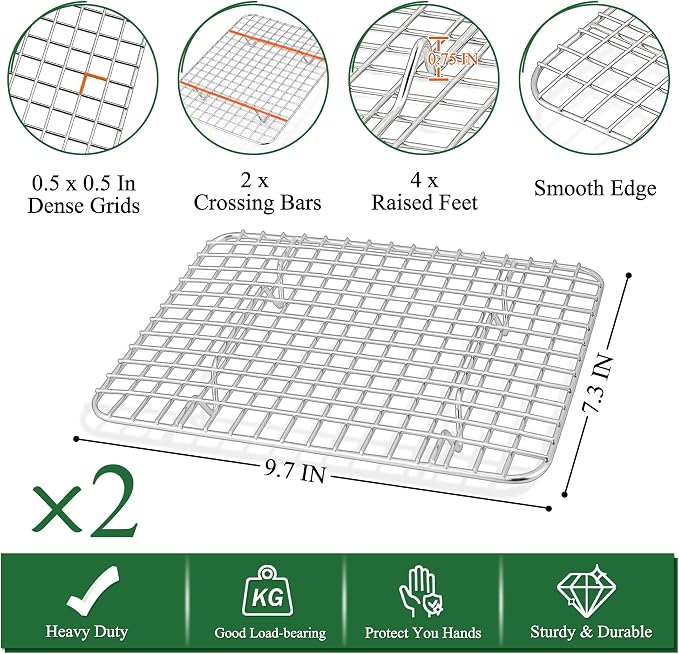 P&P CHEF 10.4 Inch Toaster Oven Pan with Rack Set, Stainless Steel Baking Pan Tray and Grid Cooling Rack for Cooking/Roasting, Dishwasher Safe & Easy to Clean, Non-toxic & Sturdy, (4Pcs)