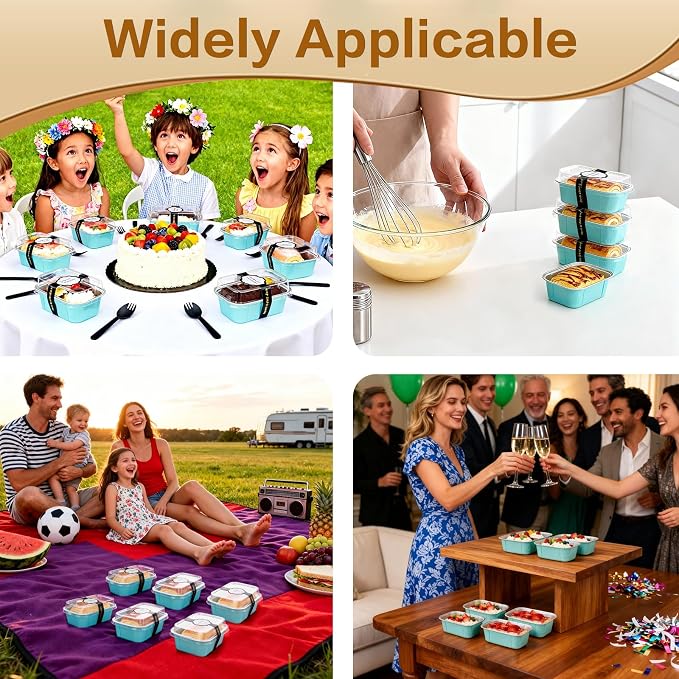 Mini Cake Pans With Lids And Spoons,5.5 oz Rectangle Mini individual Loaf Pans Disposable Aluminum Foil Small Baking Cups Tins (200, Wathet)