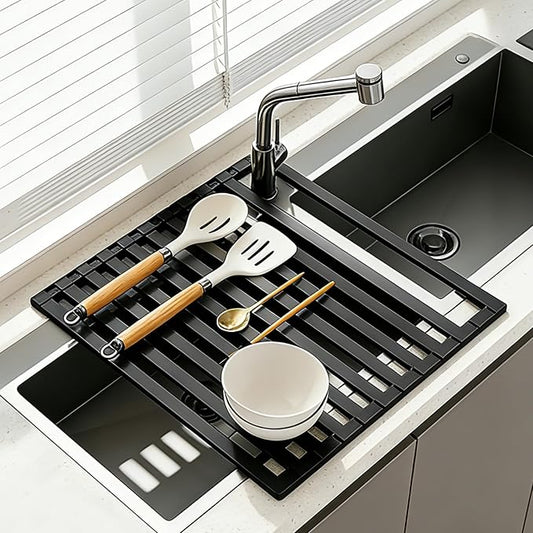Foldable Over Sink Dish Drying Rack, Extra Wide & Thick Rust-Proof Aluminum Sink Cover for Counter Space, Collapsible Dish Drying Rack Fits Most Kitchen Sinks (Black, 13.8“x13.6)