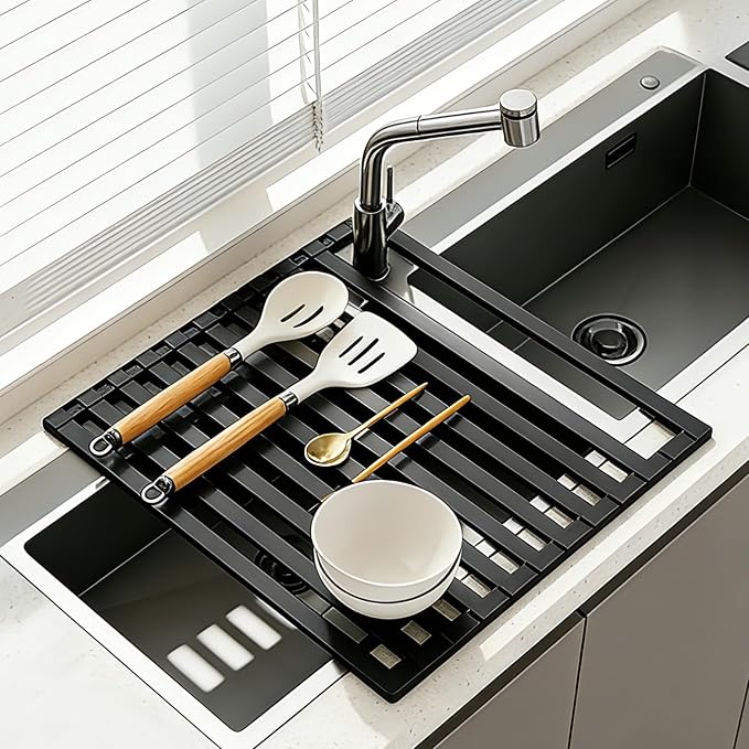 Foldable Over Sink Dish Drying Rack, Extra Wide & Thick Rust-Proof Aluminum Sink Cover for Counter Space, Collapsible Dish Drying Rack Fits Most Kitchen Sinks (Black, 20.5“x13.6)