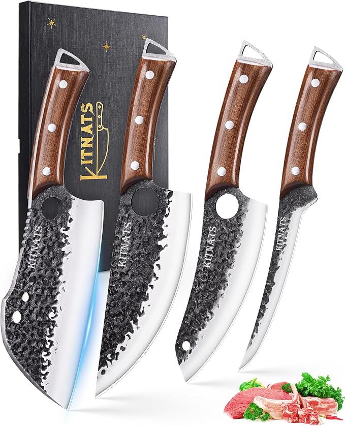 KITNATS Butcher Knife Set, 4PCS Hand Forged Kitchen Knives, Heavy Duty Meat Cleaver, Serbian Chef, Boning & BBQ Knife with Ergonomic Handle for Meat Cutting, Gift for Men Women