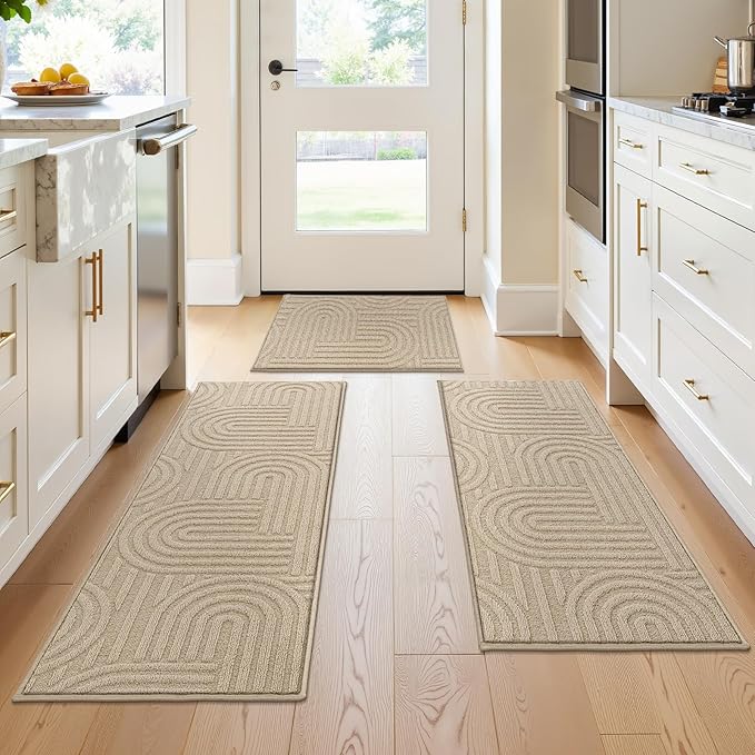 U'Artlines Kitchen Rugs and Mats Set of 3, Non Skid Washable Beige Geometric Kitchen Mats for Floor, Absorbent and Stain Resistant Floor Mat for Laundry, Sink Decor 20x32+20x48+20x59
