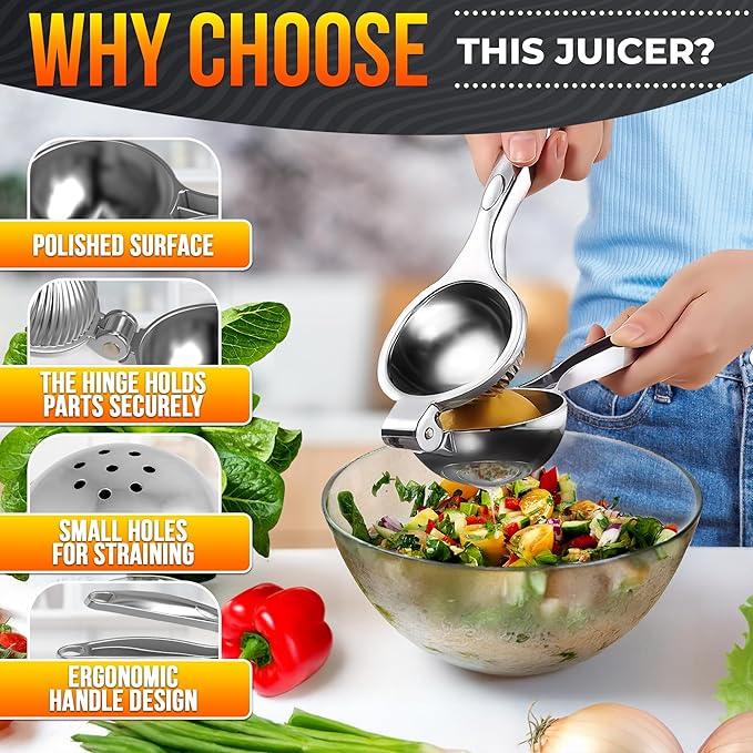 Stainless Steel Lemon Squeezer for Max Juice in Seconds – 8.3"x2.6" Lime Squeezer | Heavy-Duty, Ergonomic Handheld, Juicer for Citrus Juice Extraction for Holiday & Festive Drinks, Great Kitchen Gifts