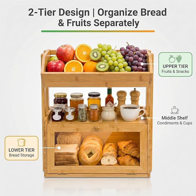 Bamboo Bread Box for Kitchen Countertop, 2 Tier Large Storage with Fruit Basket Top and Window, Farmhouse Organizer for Snacks & Vegetables