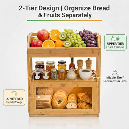 Bamboo Bread Box for Kitchen Countertop, 2 Tier Large Storage with Fruit Basket Top and Window, Farmhouse Organizer for Snacks & Vegetables