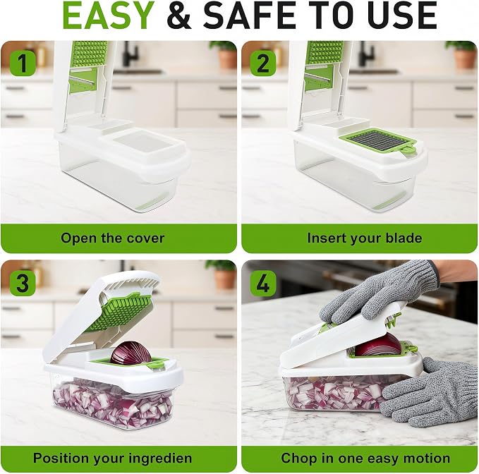 Mandoline Slicer for Kitchen, Vegetable Chopper with Adjustable Stainless Steel Blades, Fruit Slicer & Food Cutter for Potato, Onion, Cucumber, Carrot and Meal Prep, Easy to Clean