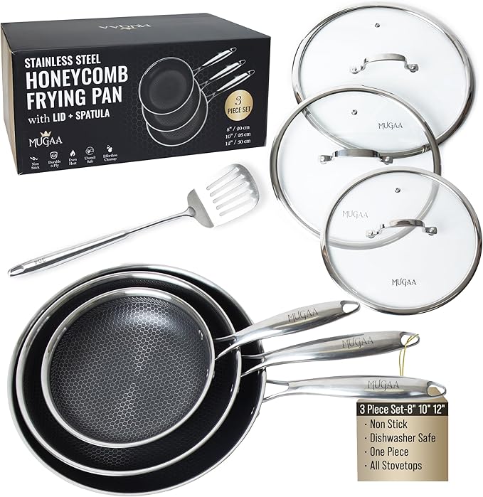 Honeycomb Stainless Steel Nonstick Frying Pan Set - with Lids and Spatula - 8 10 12 Inch Hybrid Pan - Induction Compatible - PFOA-Free - Oven Safe - Dishwasher Safe Skillet