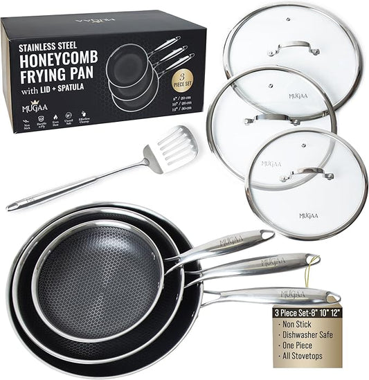 Honeycomb Stainless Steel Nonstick Frying Pan Set - with Lids and Spatula - 8 10 12 Inch Hybrid Pan - Induction Compatible - PFOA-Free - Oven Safe - Dishwasher Safe Skillet