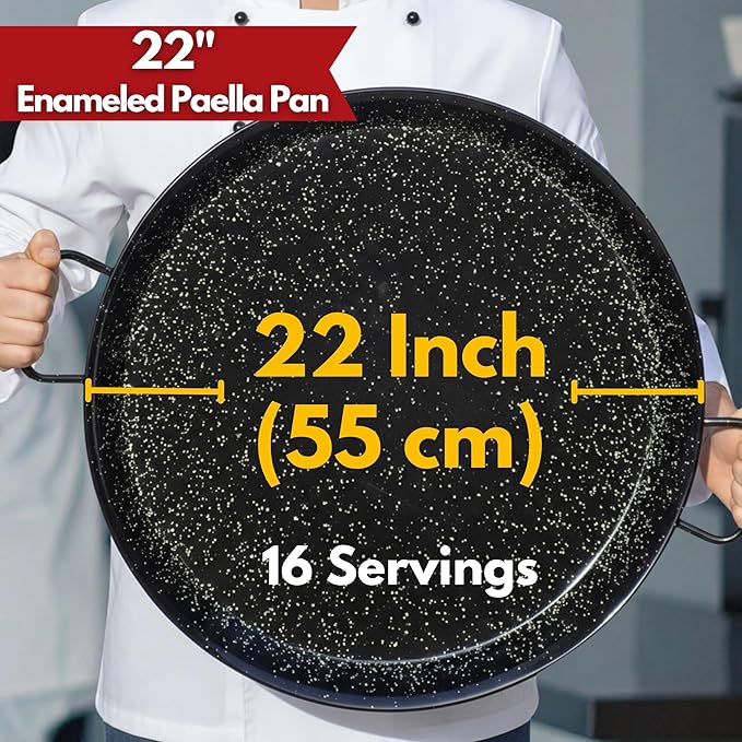 Paelluxe Paella Pan – Enamelled, No-Rust Steel Skillet – Easy-to-Clean Pan for Propane & Gas Burners – Indoor & Outdoor Cooking Cacerola Paellera Sarten – 22 Inch, for 16 Servings