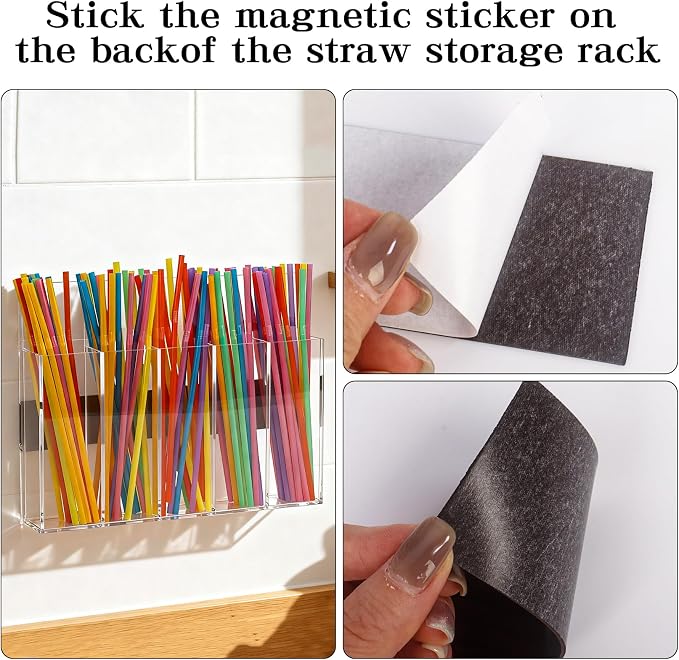 Acrylic Straw Holder for Cabinet Door, Magnetic Cabinet Door Straw Door with Removable Partitions Clear Reusable Straw Organizer Storage for Fridge Cabinet Kitchen Bar
