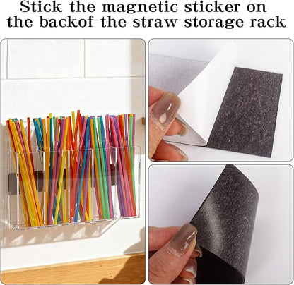 Acrylic Straw Holder for Cabinet Door, Magnetic Cabinet Door Straw Door with Removable Partitions Clear Reusable Straw Organizer Storage for Fridge Cabinet Kitchen Bar