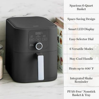 Martha Stewart 6QT Air Fryer, 6-in-1, Bake, Broil, Roast, Air Fry, Dehydrate, Reheat, Ceramic Non-Stick Basket, Crispy Results Fast, 400°F Max Temp, Shake Reminder, Caviar Gray
