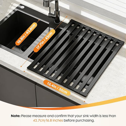 Foldable Over Sink Dish Drying Rack, Extra Wide & Thick Rust-Proof Aluminum Sink Cover for Counter Space, Collapsible Dish Drying Rack Fits Most Kitchen Sinks (Black, 17.7“x13.6)