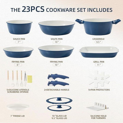 BECIGAR 23pcs Ceramic Pots and Pans Set, Nonstick Detachable Handle Cookware, Induction Kitchen Cooking Set with Removable Handle,include Frying Pans & Saucepans Oven Safe(Blue)