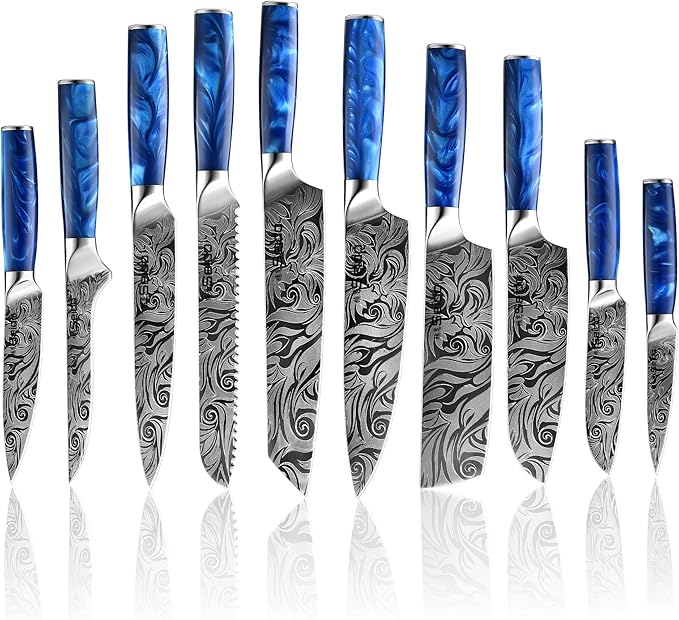 Seido Knives Tengoku Blue 10-Piece Chef Knife Set – Handmade High-Carbon Stainless Steel Blades, Resin Epoxy Handles, Ergonomic Balanced Professional Kitchen Knives