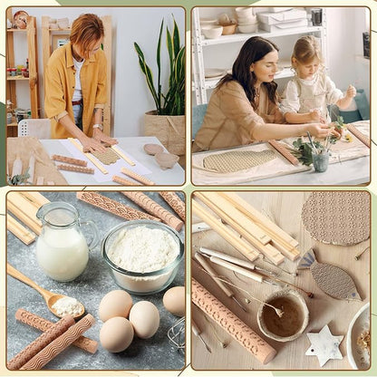 Colingmill 16 Pcs Christmas Pottery Teaching Rolling Mud Stick Guide and Clay Rollers Textured Set Includes 10 Pcs 5 Size Wooden Rolling Pin Guides Sticks 6 Patterns Clay Modeling Pattern Rollers