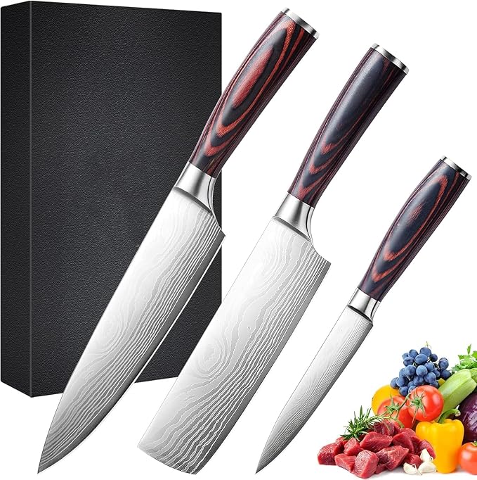 3 Pieces Knife Set, High Carbon Stainless Steel Professional Kitchen Knife Set, Ultra Sharp Chef Knives Sets with Ergonomic Wooden Handle