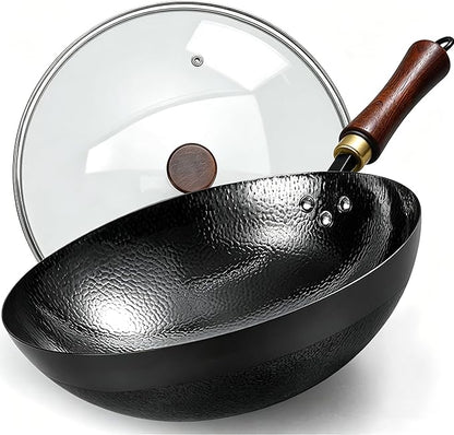 Carbon Steel Wok Pan, 11.8-Inch Nonstick Pre-Seasoned Woks & Stir-Fry Pans with Glass Lid, No Chemical Coated Wok Round Bottom Hand Hammered Chinese Wok for Induction, Gas, Electric & All Stoves
