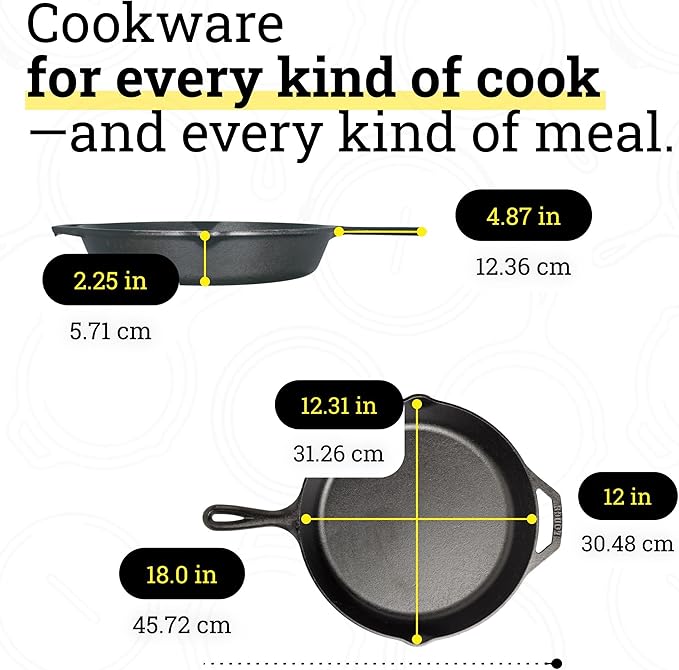 Lodge Seasoned Cast Iron Skillet 12 Inches - PFAS-Free, Non-Toxic Cookware - Use with an Oven, Stove, Grill, or Campfire - Naturally Non-Stick & Oven Safe