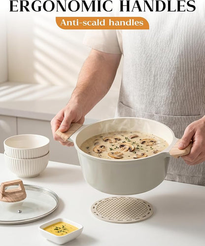 FDN Titanium Ceramic Cooking Pot with Lid, Pfos & Pfoa Free Nonstick Stock Pot, Large Soup Pot, Big Pots for Cooking, Multipurpose Cookware, Ollas Antiadherentes Para Cocinar, Cacerolas, Grey
