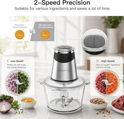 MEGAWISE Electric Food Processor, 800W Meat Grinder & Vegetable Chopper - 2 Bowls (3L Stainless Steel + 3L Glass) with 4 Blades, Dual-Speed Food Chopper for Meat, Fruits, Vegetables, and Nuts