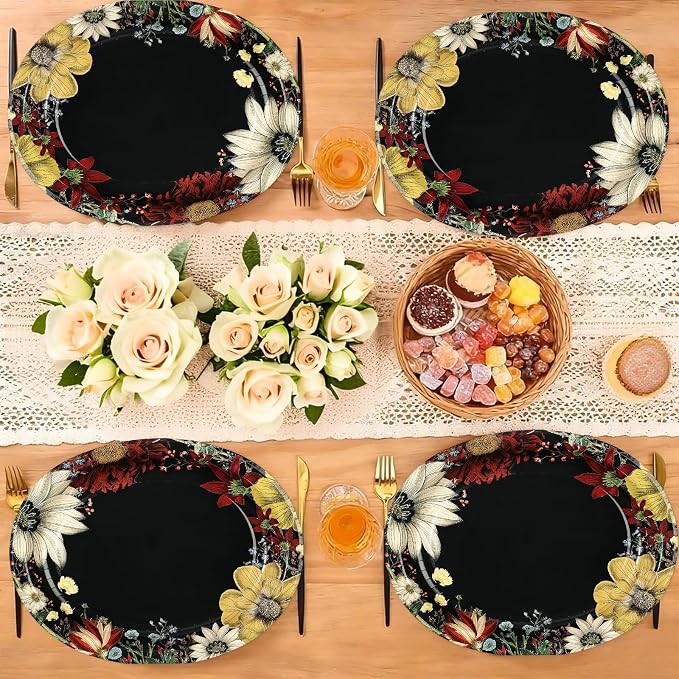 50Pcs Boho Flower Oval Paper Plates 10" x 12" Large Disposable Heavy Duty Black Vintage Floral Dessert Platters for SummerTropical Night Birthday Wedding Bridal Shower Tea BBQ Party Decorations