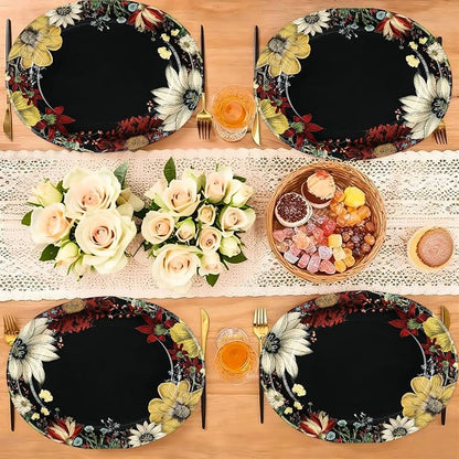 50Pcs Boho Flower Oval Paper Plates 10" x 12" Large Disposable Heavy Duty Black Vintage Floral Dessert Platters for SummerTropical Night Birthday Wedding Bridal Shower Tea BBQ Party Decorations