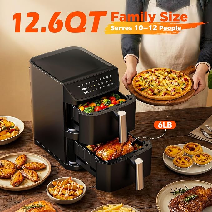Dual Basket Air Fryer, 12.6QT Family-Size for 10–12 People, XL Basket for 6LB Whole Chicken, DoubleStack Compact Design, 10-in-1 Functions with Reheat, Dehydrate & SyncFinish, Dishwasher-Safe, Black