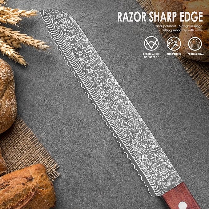 COOKLET'S Bread Knife, Professional VG10 Damascus High Carbon Stainless Steel Bread Cutting Knife, 8 Inch Serrated Cake Knife Bread Cutter, G10 Ergonomic Color Wooden Handle with Gift Box