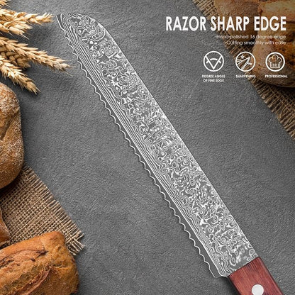 COOKLET'S Bread Knife, Professional VG10 Damascus High Carbon Stainless Steel Bread Cutting Knife, 8 Inch Serrated Cake Knife Bread Cutter, G10 Ergonomic Color Wooden Handle with Gift Box