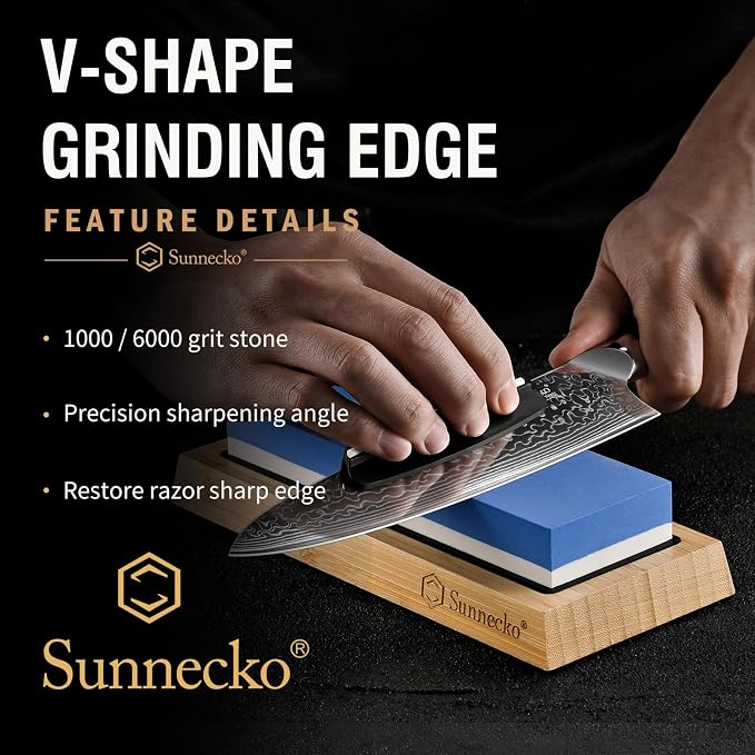 Sunnecko Damascus Knife Set with Block,67-Layer Damascus Steel Kitchen Knife Set with VG-10 Core,Full Tang 7 PCS Japanese Chef Knives with 15° Precision Edge,Professional Chef Knife Set for Kitchen