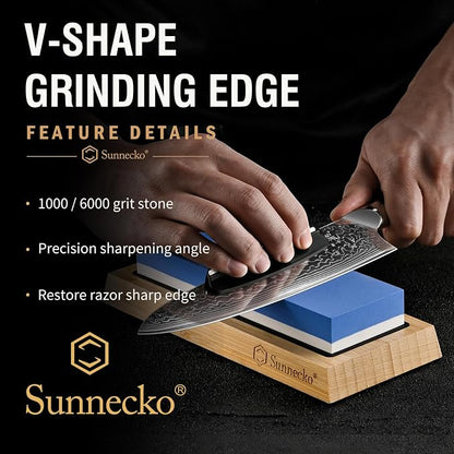 Sunnecko Damascus Knife Set with Block,67-Layer Damascus Steel Kitchen Knife Set with VG-10 Core,Full Tang 7 PCS Japanese Chef Knives with 15° Precision Edge,Professional Chef Knife Set for Kitchen