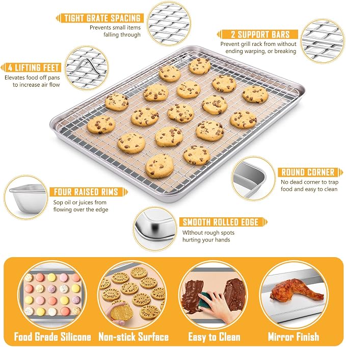 Baking Sheet with Rack & Silicone Mat Set, E-far 12.4”x9.7” Stainless Steel Cookie Sheet Broiling Pan for Oven, Rimmed Metal Tray with Wire Rack for Cooking/Cooling/Bacon/Steak - Dishwasher Safe