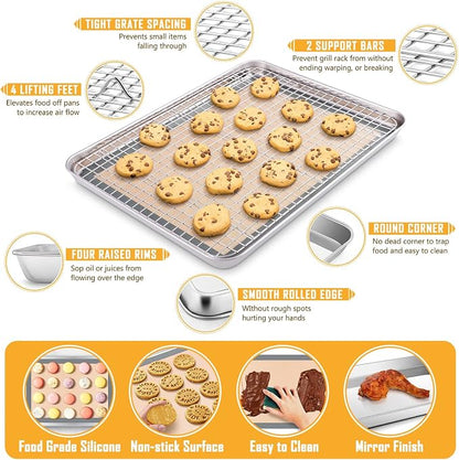Baking Sheet with Rack & Silicone Mat Set, E-far 12.4”x9.7” Stainless Steel Cookie Sheet Broiling Pan for Oven, Rimmed Metal Tray with Wire Rack for Cooking/Cooling/Bacon/Steak - Dishwasher Safe