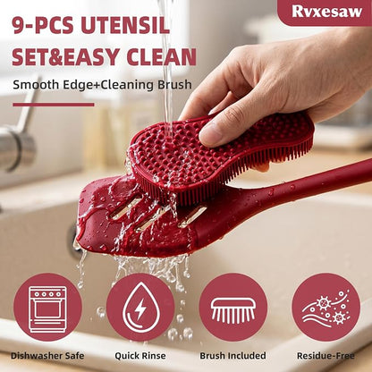Kitchen Utensils Set,9 PCS Silicone Cooking Utensils Set Spatula Set,Non Toxic Cooking Utensils,Tongs,Spoon,Whisk,Brush,BPA Free Kitchen Gadgets for Non-Stick Cookware,Home Essential(Red-9P)