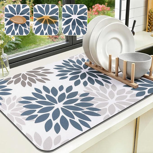 Findosom Floral Dish Drying Mat, 12" x 20" Super Absorbent & Hide Stain Coffee Mat, Cuttable Drying Mat for Kitchen Counter, Under Dish Rack, Coffee Maker, Espresso Machine, Blue