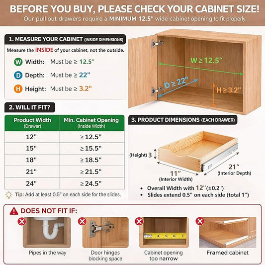 Menkxi 2 Set Wooden Pull out Cabinet Organizer Fully Assembled Slide out Pantry Drawer with Gentle Close Storage Shelf Tray for Base Kitchen Under Sink Bathroom Accessory(Wood Color,12'' X 21'' X 3")