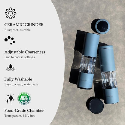 Salt and Pepper Grinder Set with Adjustable Coarseness | Manual Pepper Mill Grinder with Refillable Design | Ceramic Core | Kitchen Essential (2 Packs, White)